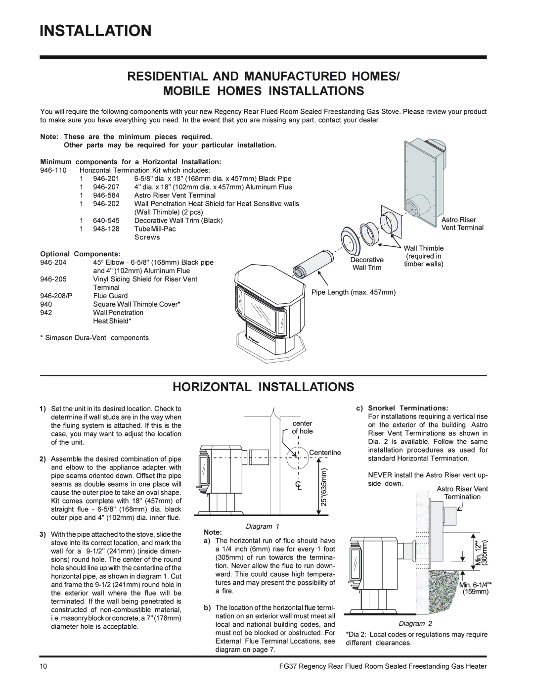 Regency FG37-LPG, FG37-NG installation manual Horizontal Installations, Optional Components, Snorkel Terminations, Diagram 