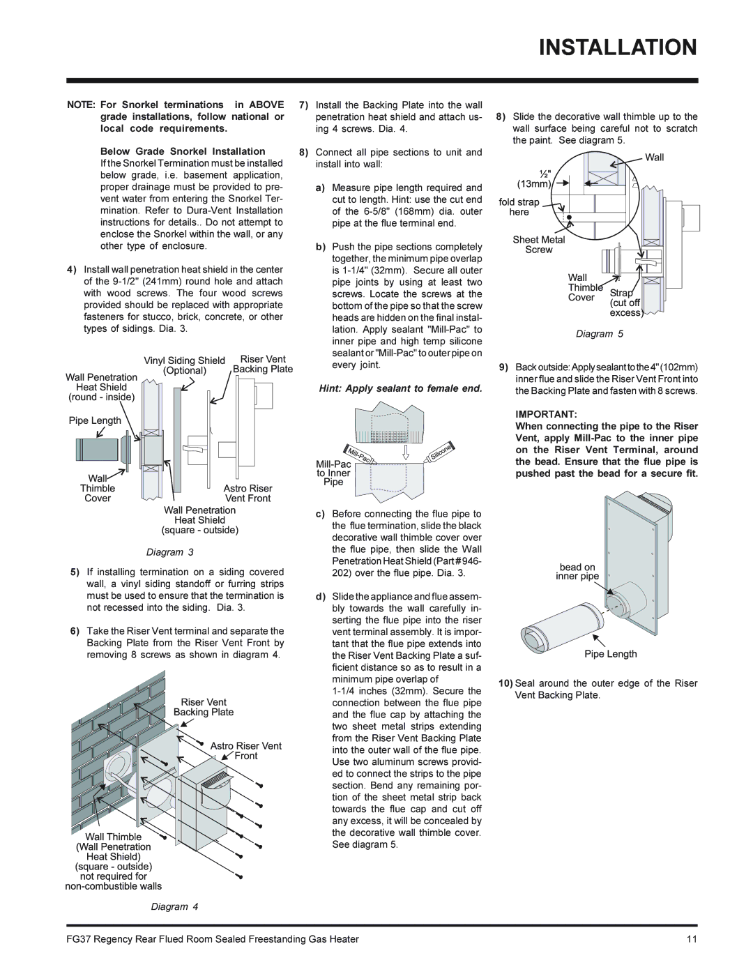 Regency FG37-NG, FG37-LPG installation manual Below Grade Snorkel Installation, Hint Apply sealant to female end 