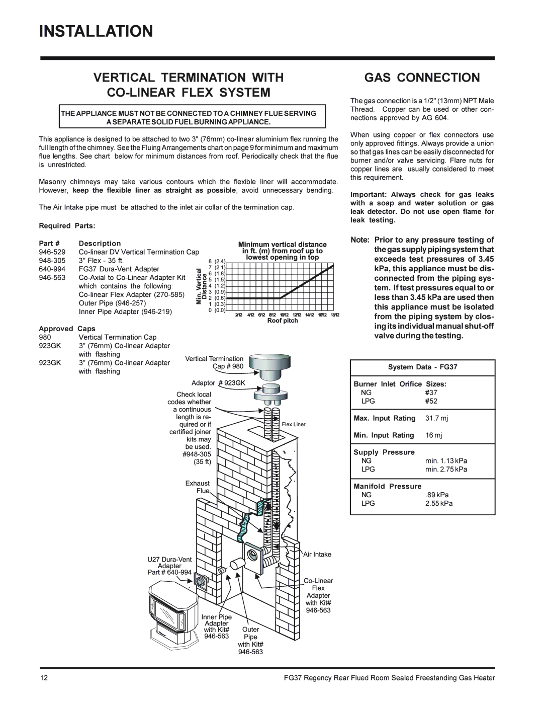 Regency FG37-LPG, FG37-NG installation manual Vertical Termination with CO-LINEAR Flex System, GAS Connection 