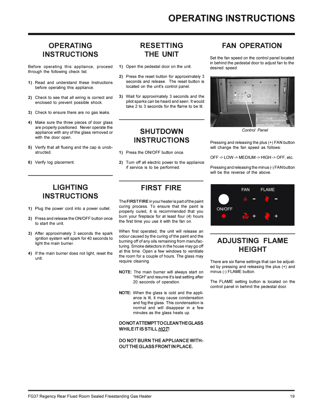 Regency FG37-NG, FG37-LPG installation manual Operating Instructions 