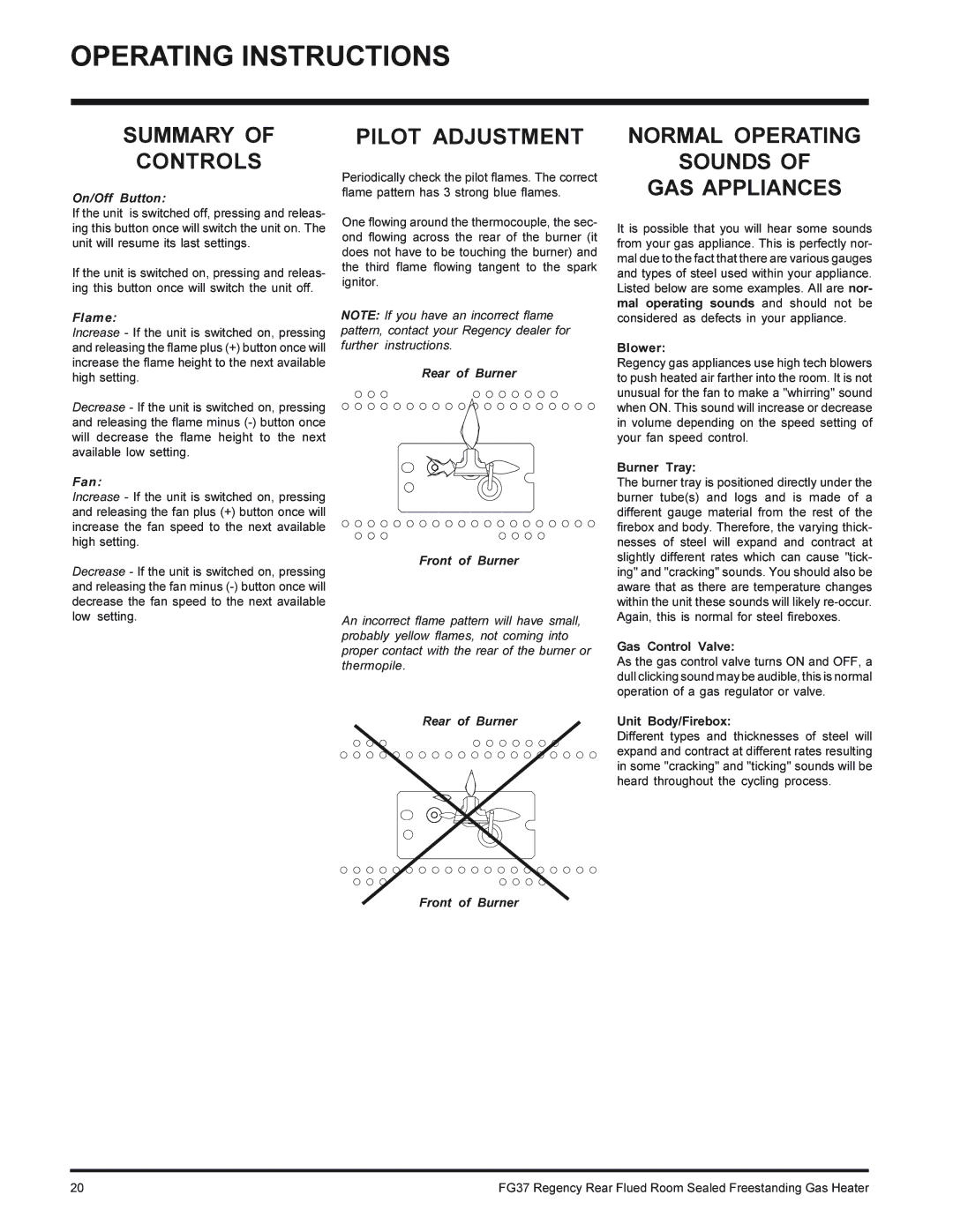 Regency FG37-LPG, FG37-NG installation manual Summary Controls, Pilot Adjustment, Normal Operating Sounds GAS Appliances 