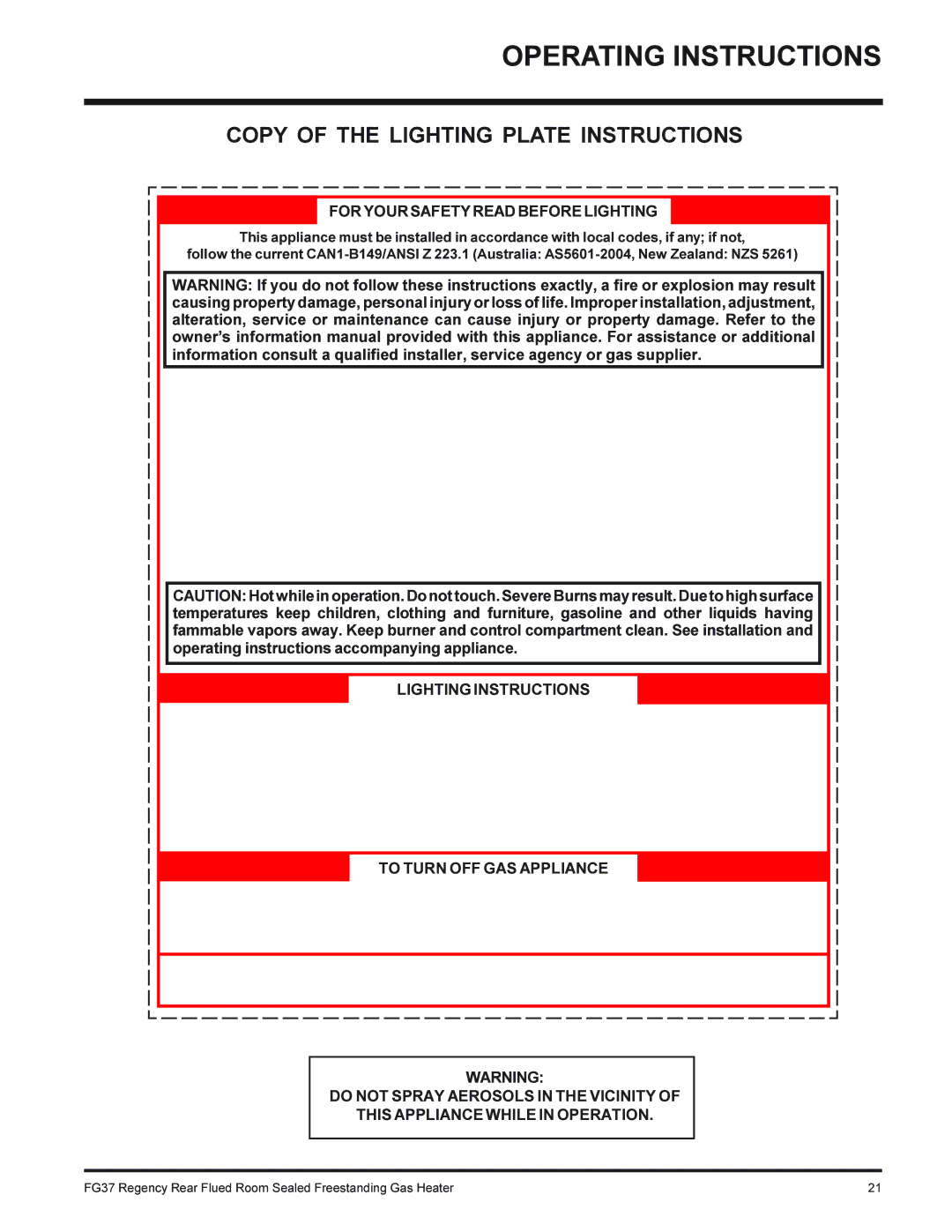 Regency FG37-NG, FG37-LPG installation manual Copy of the Lighting Plate Instructions, Settle on the floor, 918-332a 