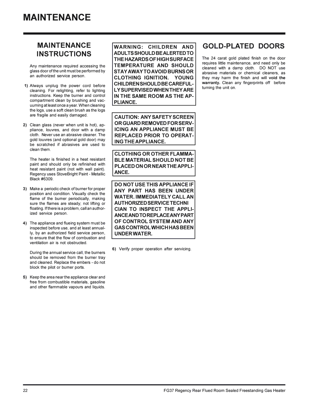 Regency FG37-LPG, FG37-NG installation manual Maintenance Instructions, GOLD-PLATED Doors 