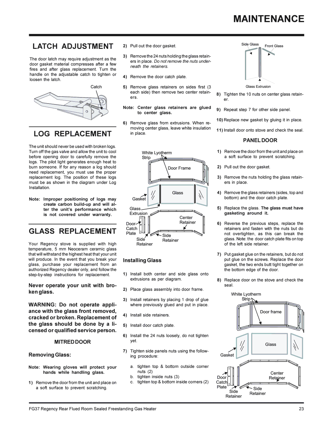 Regency FG37-NG, FG37-LPG installation manual Latch Adjustment, LOG Replacement, Glass Replacement 