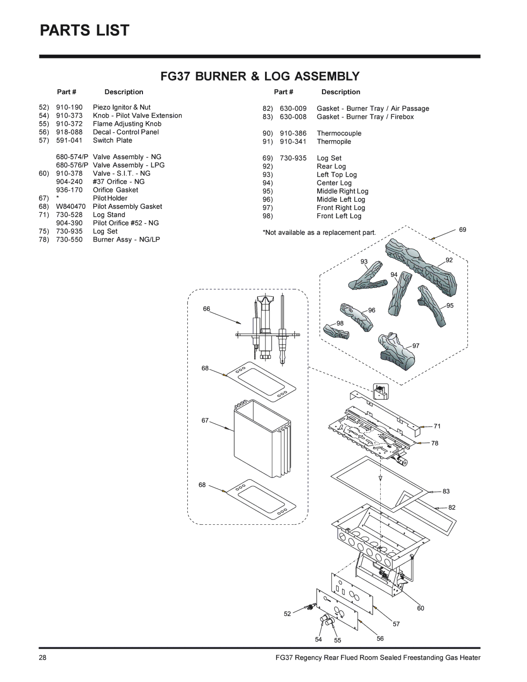 Regency FG37-LPG, FG37-NG installation manual FG37 Burner & LOG Assembly 