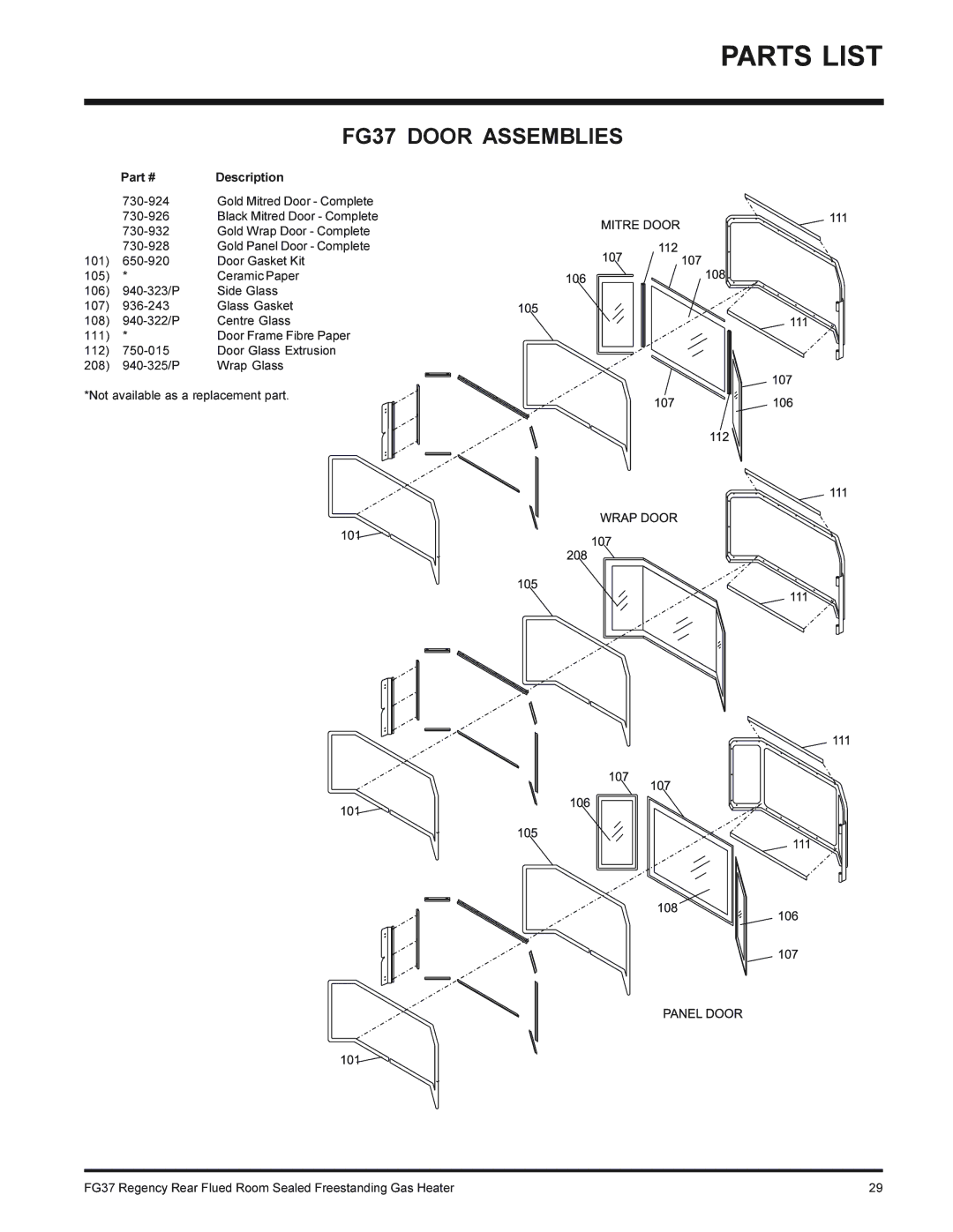 Regency FG37-NG, FG37-LPG installation manual FG37 Door Assemblies 