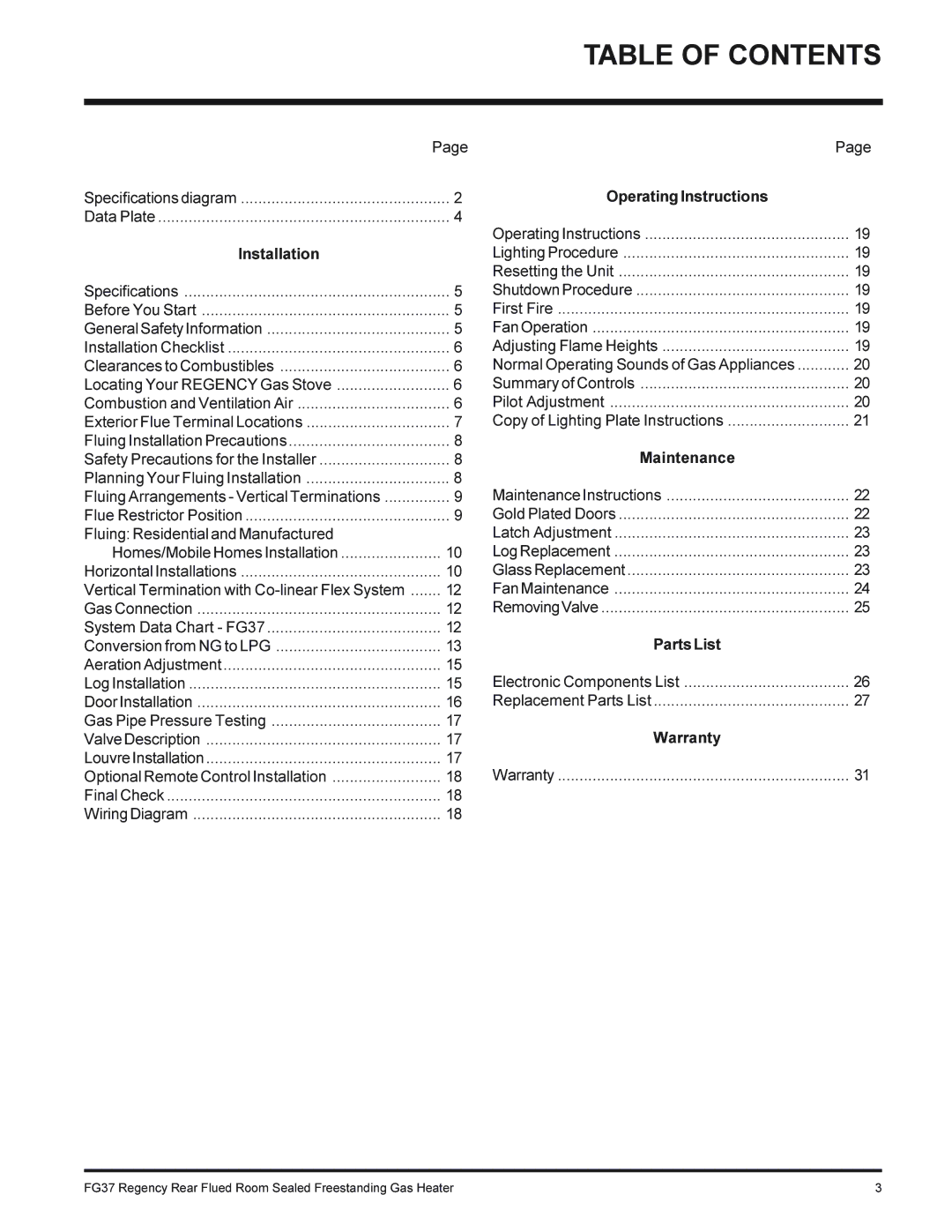 Regency FG37-NG, FG37-LPG installation manual Table of Contents 