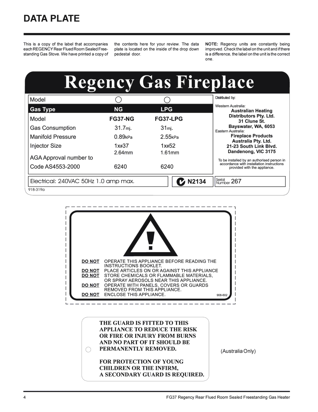 Regency FG37-LPG, FG37-NG installation manual Data Plate 