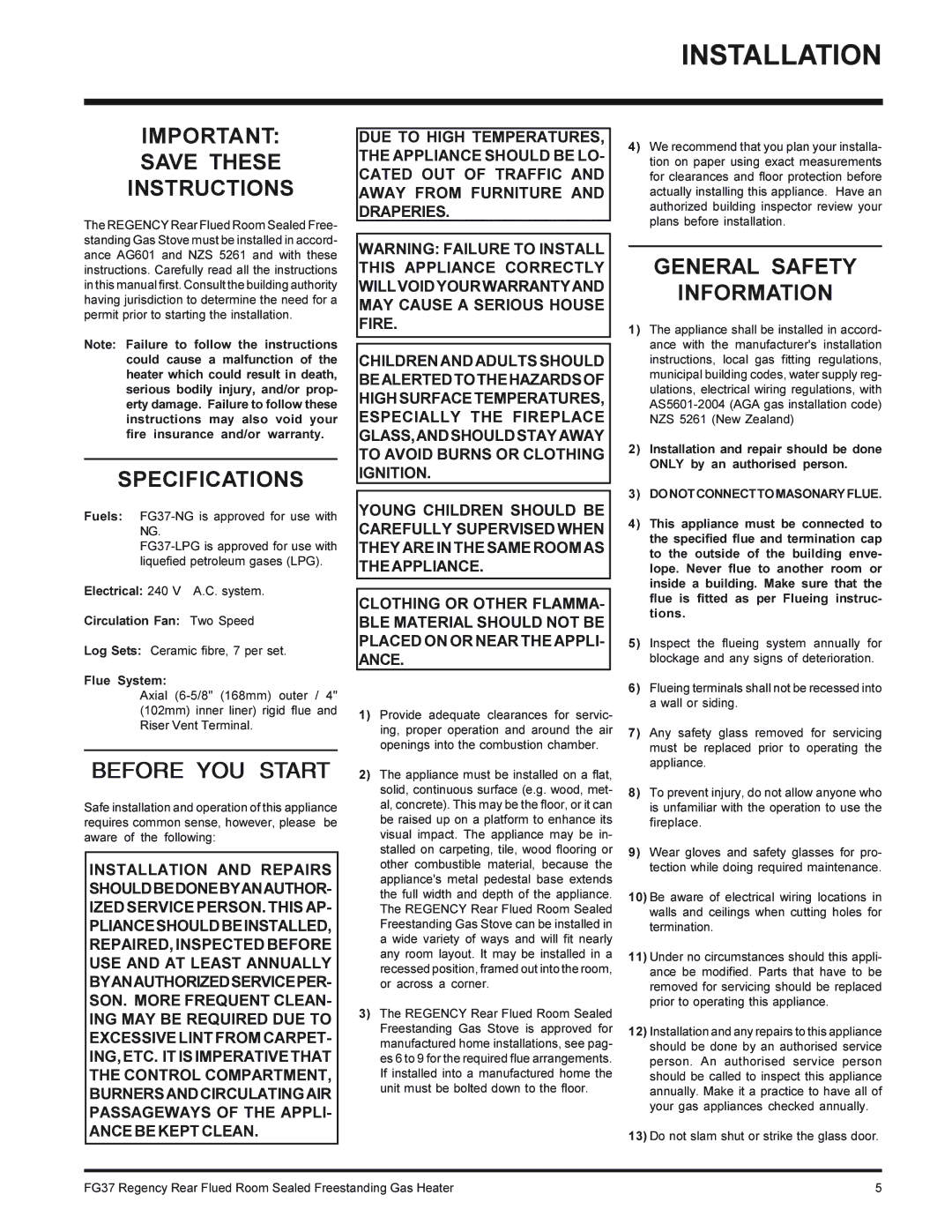 Regency FG37-NG, FG37-LPG Installation, Save These Instructions, Specifications, General Safety Information 