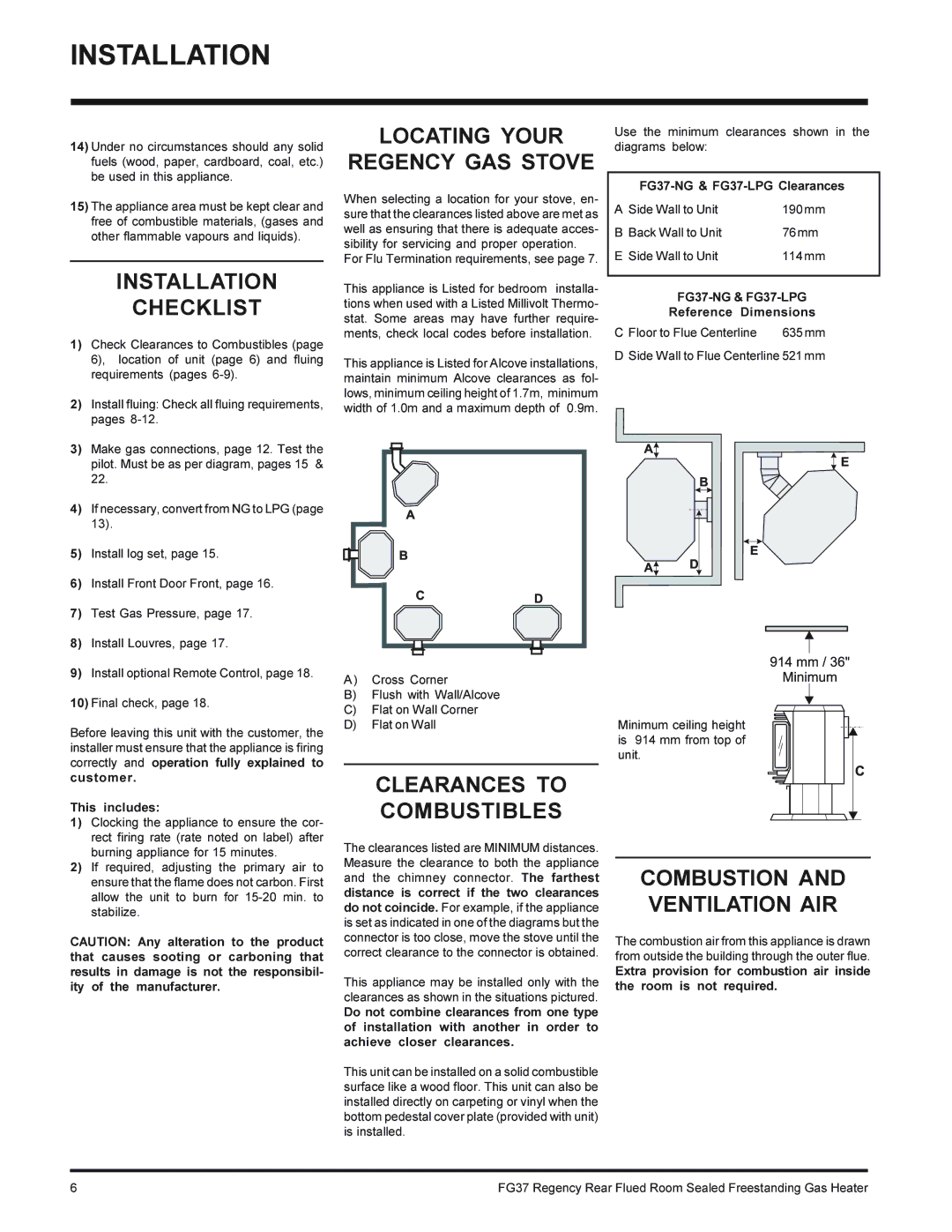 Regency FG37-LPG, FG37-NG Installation Checklist, Locating Your Regency GAS Stove, Clearances to Combustibles 