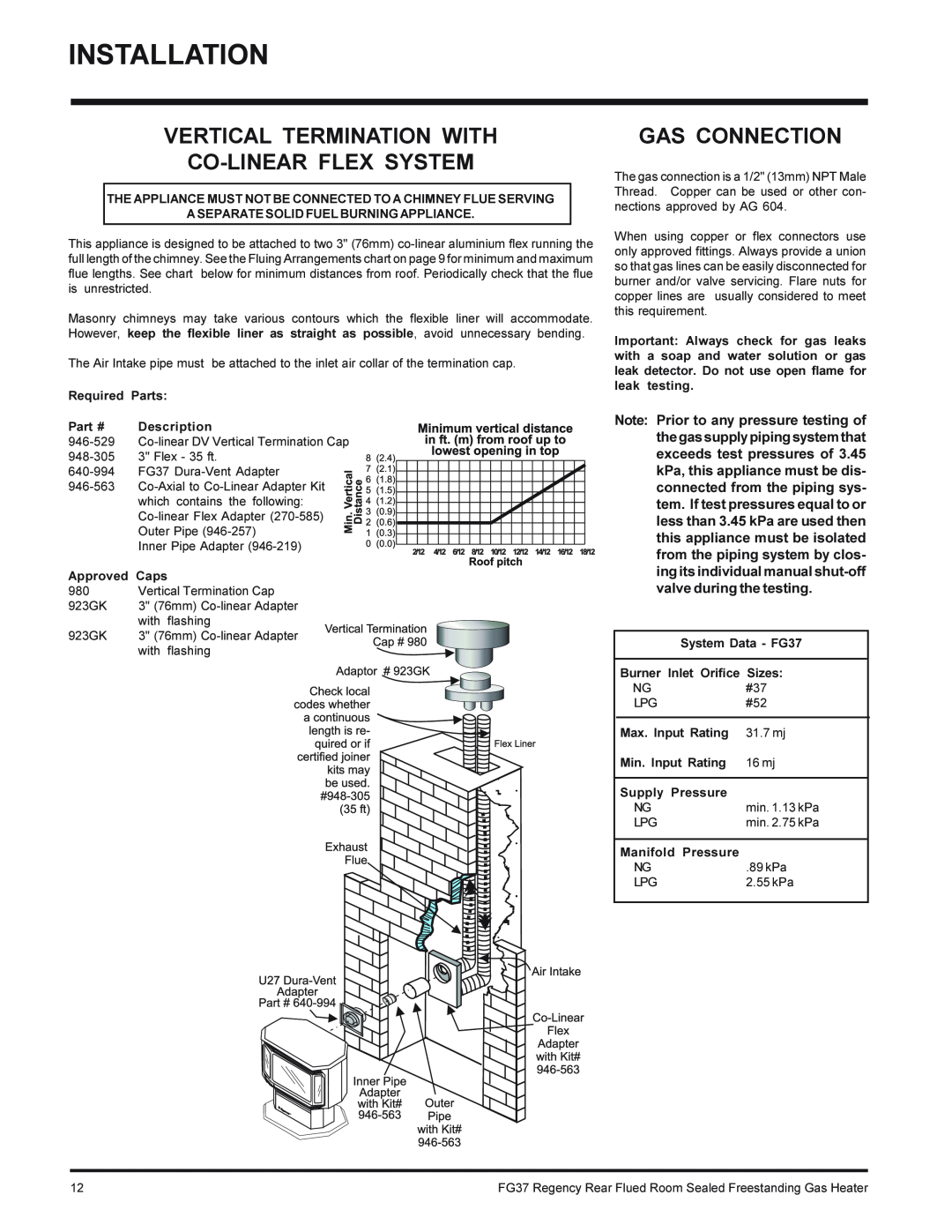Regency FG37-LPG, FG37-NG installation manual Vertical Termination With Co-Linearflex System, Gas Connection 