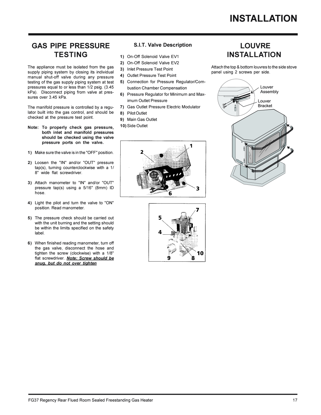Regency FG37-NG, FG37-LPG installation manual Gas Pipe Pressure Testing, Louvre Installation, S.I.T. Valve Description 