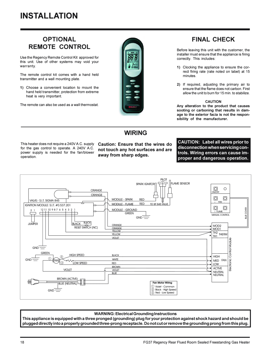 Regency FG37-LPG, FG37-NG Optional Remote Control, Final Check, Wiring, WARNING Electrical Grounding Instructions 