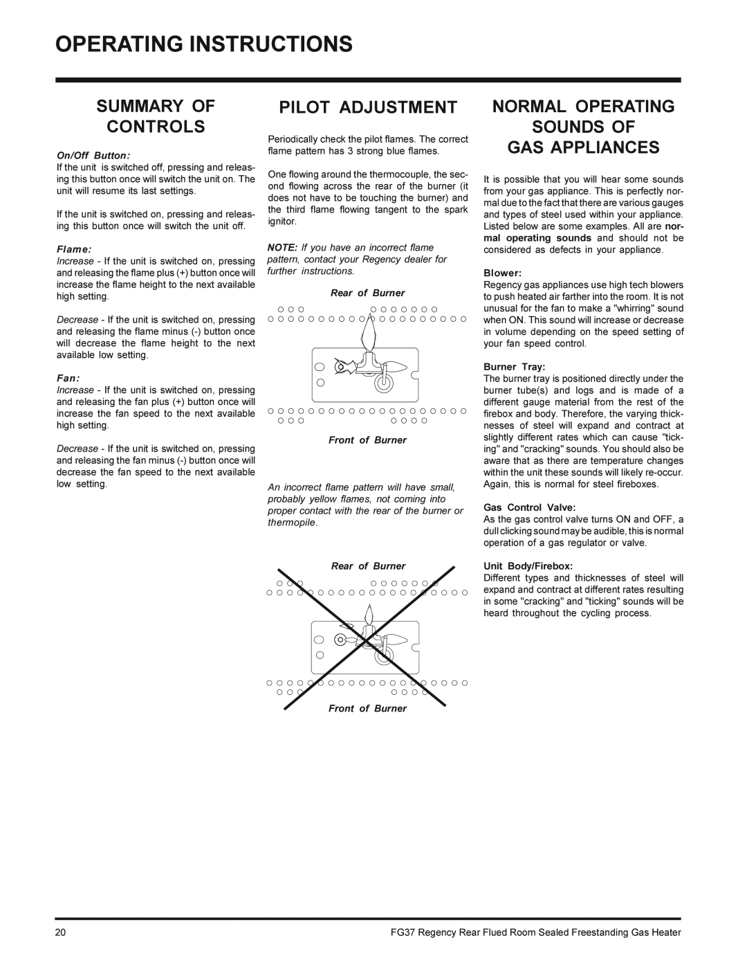 Regency FG37-LPG Summary Of Controls, Pilot Adjustment, Normal Operating Sounds Of Gas Appliances, On/Off Button, Flame 