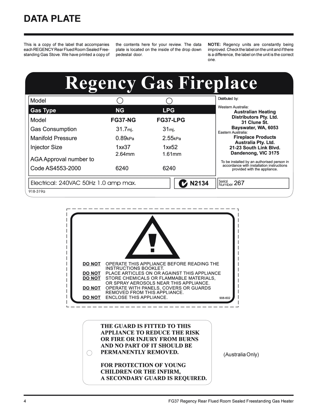 Regency FG37-LPG, FG37-NG installation manual Data Plate, Australia Only 