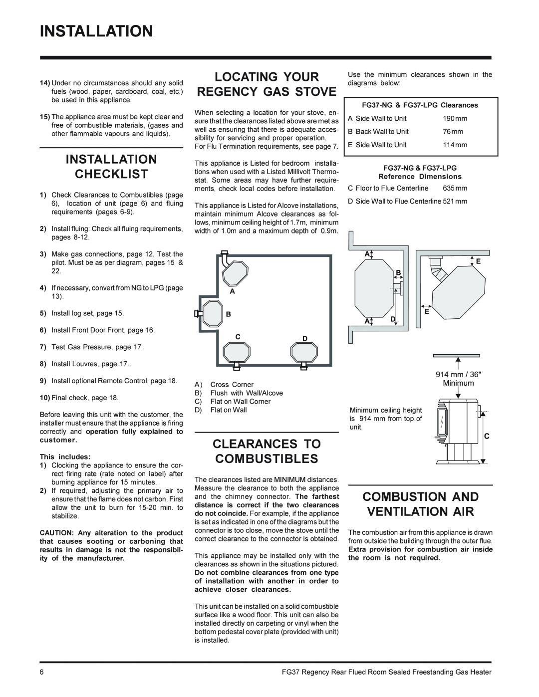 Regency FG37-LPG, FG37-NG Installation Checklist, Locating Your Regency Gas Stove, Clearances To Combustibles 