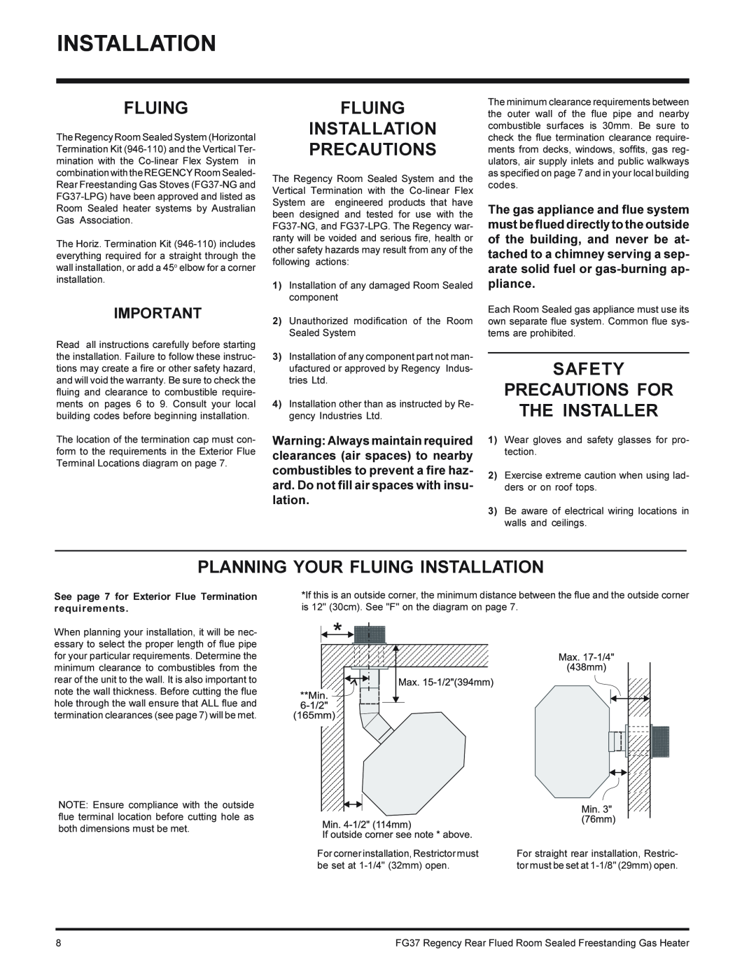 Regency FG37-LPG, FG37-NG installation manual Fluing Installation Precautions, Safety Precautions For The Installer 
