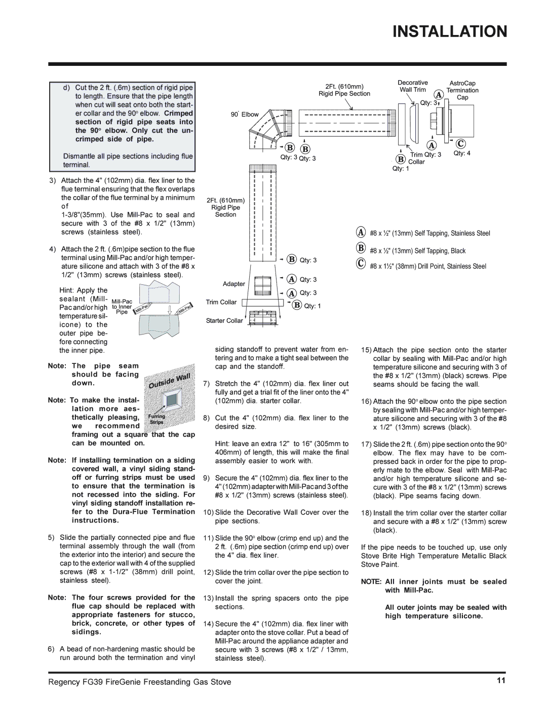 Regency FG39-NG, FG39-LPG installation manual Installation 