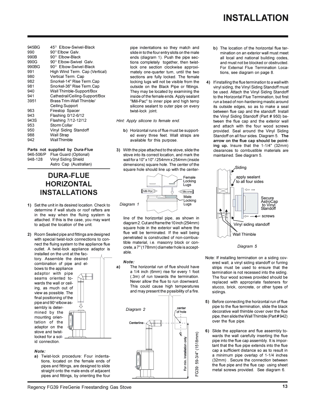 Regency FG39-NG, FG39-LPG installation manual DURA-FLUE Horizontal Installations, Hint Apply silicone to female end, Diagram 