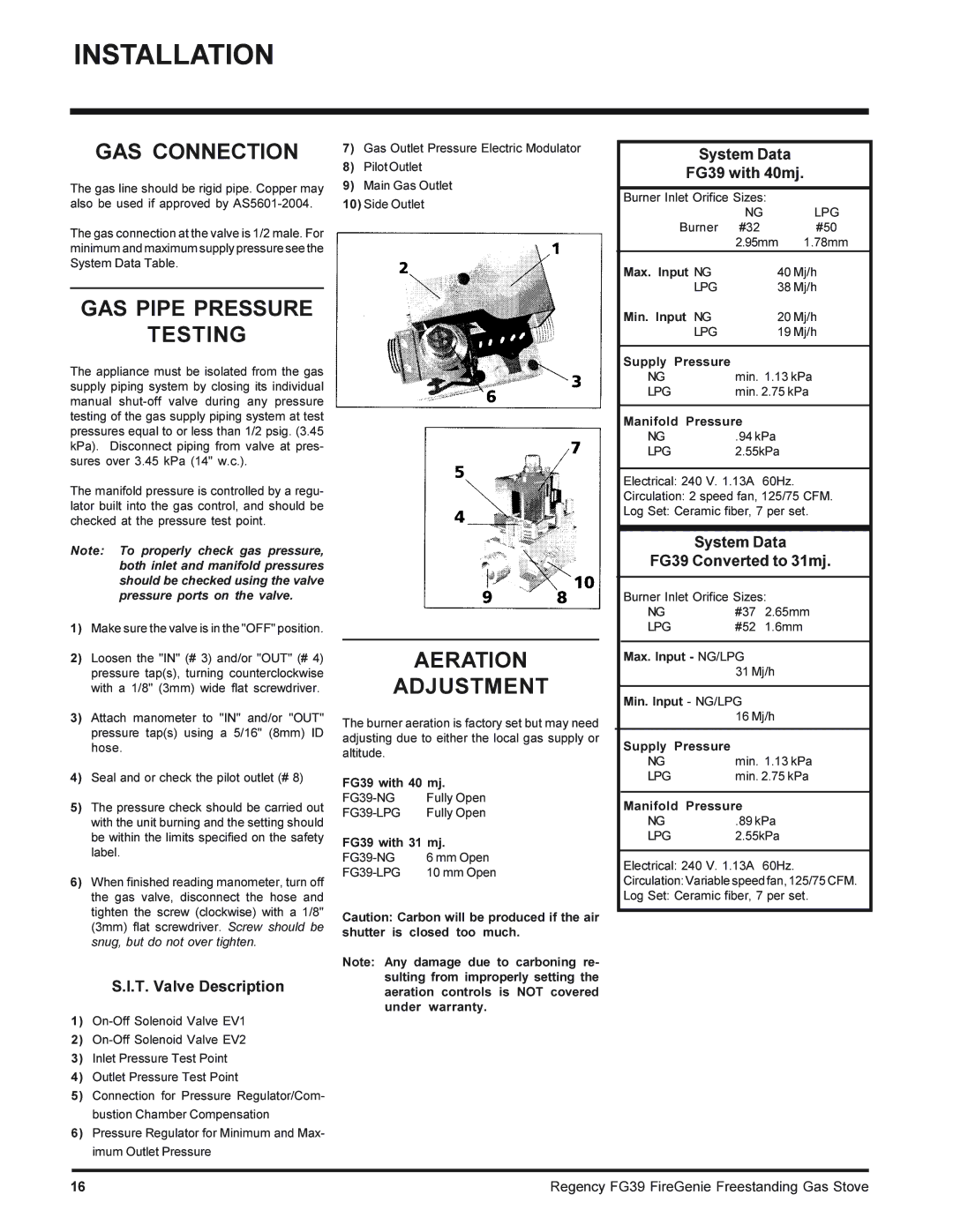 Regency FG39-LPG, FG39-NG installation manual GAS Connection, GAS Pipe Pressure Testing, Aeration Adjustment 