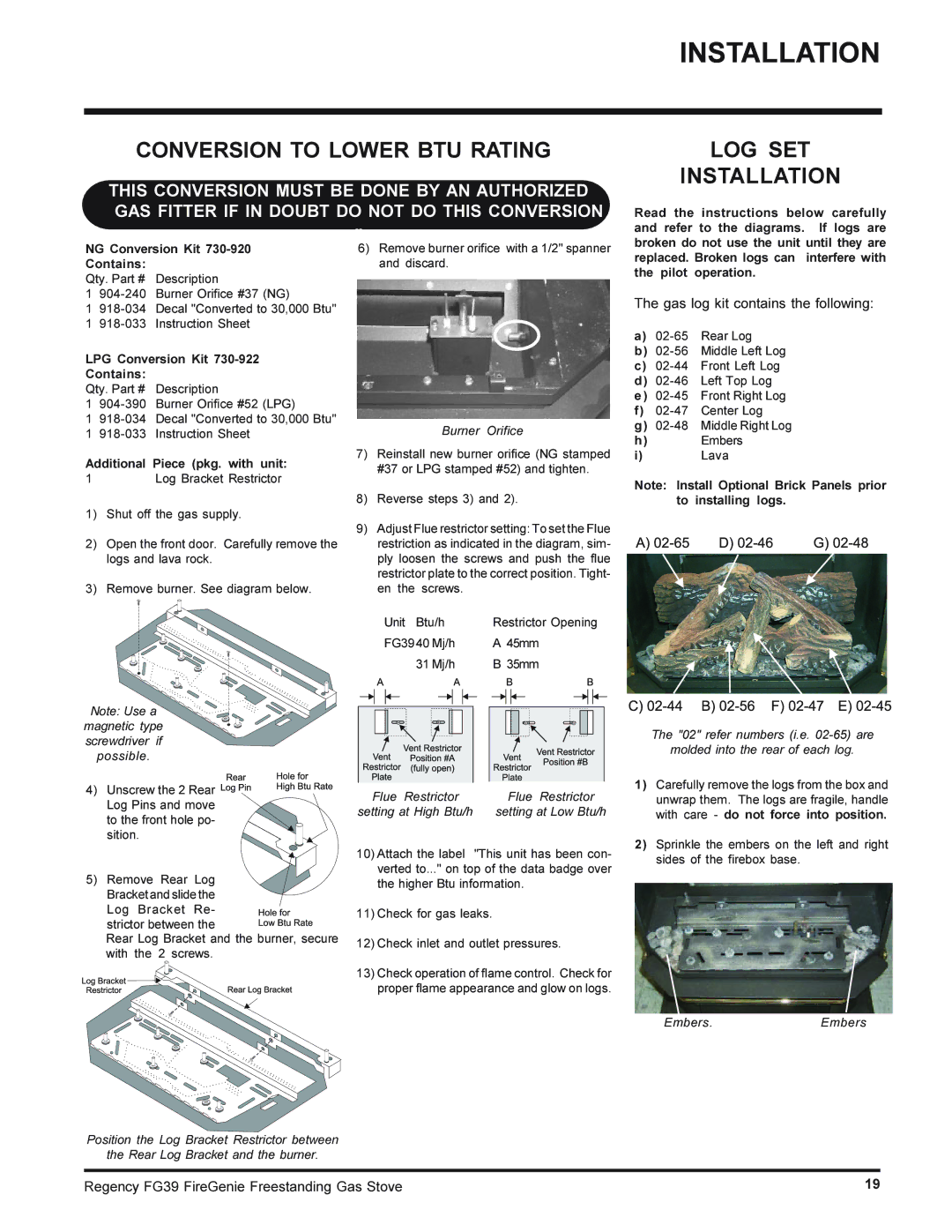 Regency FG39-NG, FG39-LPG Conversion to Lower BTU Rating, LOG SET Installation, LPG Conversion Kit Contains 