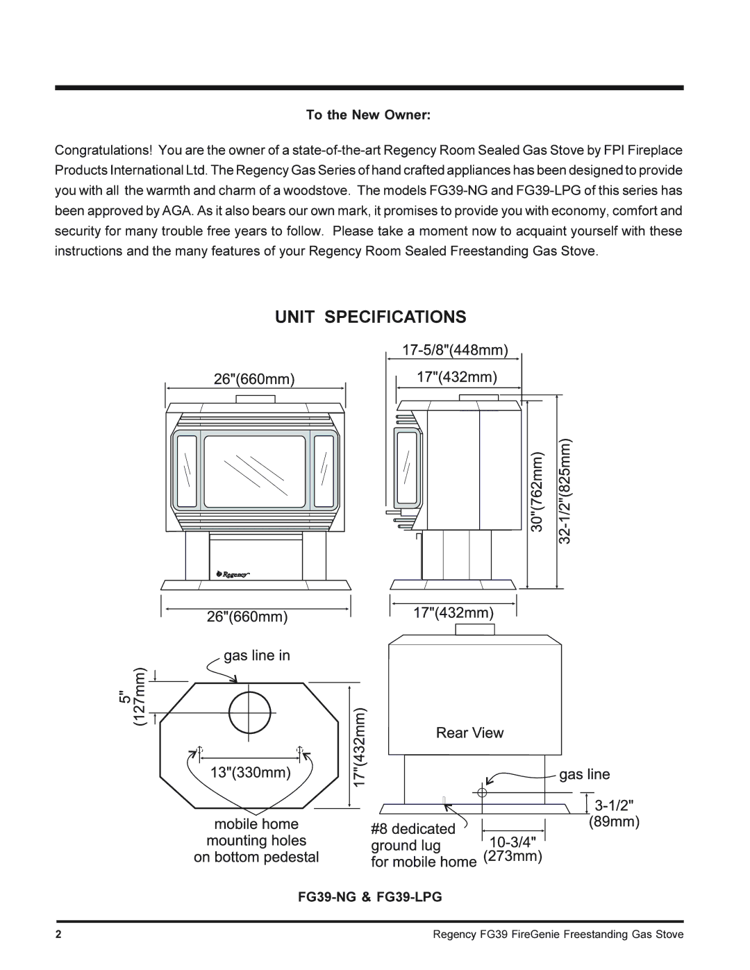 Regency FG39-LPG, FG39-NG installation manual Unit Specifications 