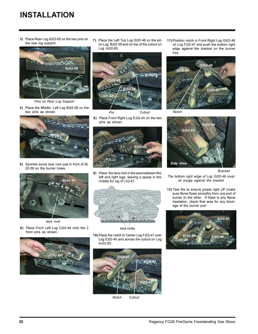 Regency FG39-LPG, FG39-NG installation manual Pins on Rear Log Support, Lava rock, PinCutout, Notch Cutout 