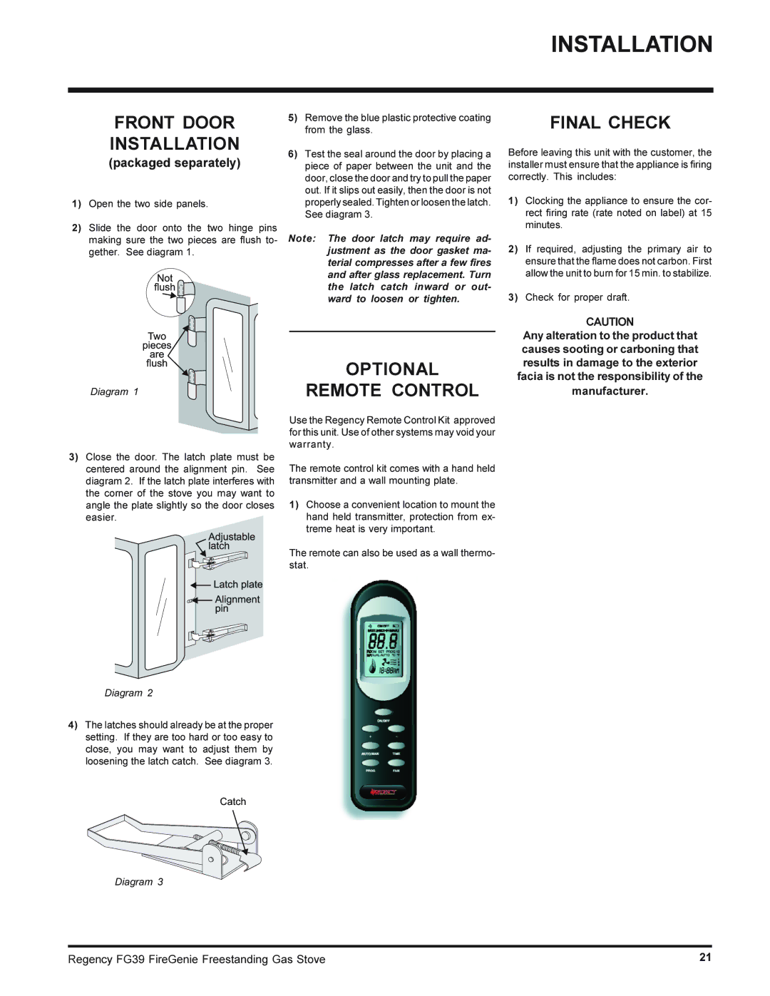 Regency FG39-NG, FG39-LPG Front Door Installation, Optional Remote Control Final Check, Packaged separately 