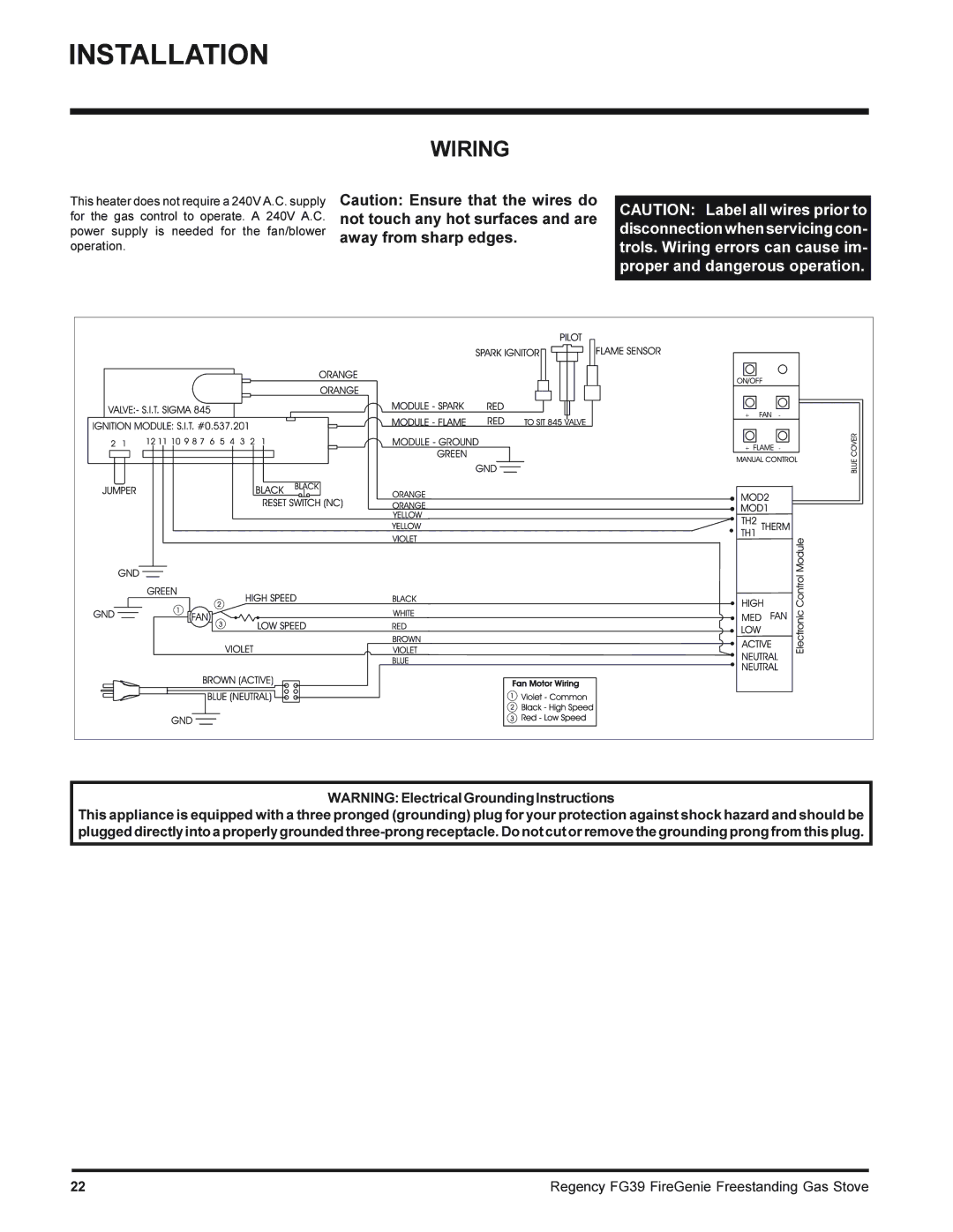 Regency FG39-LPG, FG39-NG installation manual Wiring, Away from sharp edges 