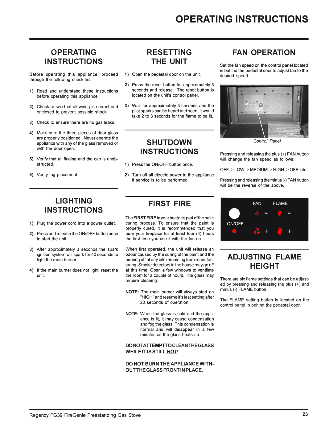 Regency FG39-NG, FG39-LPG installation manual Operating Instructions 