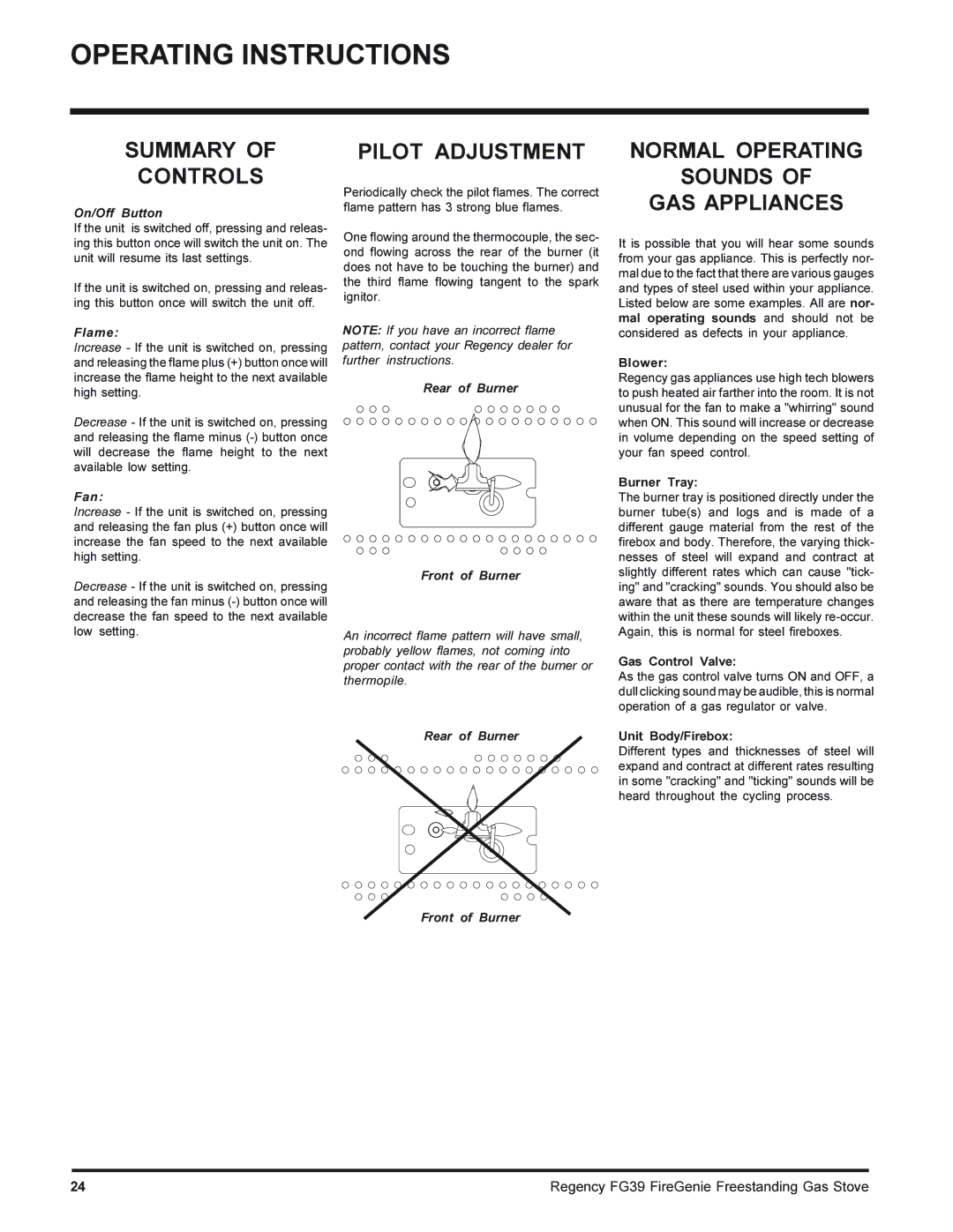 Regency FG39-LPG, FG39-NG installation manual Summary Controls, Pilot Adjustment, Normal Operating Sounds GAS Appliances 