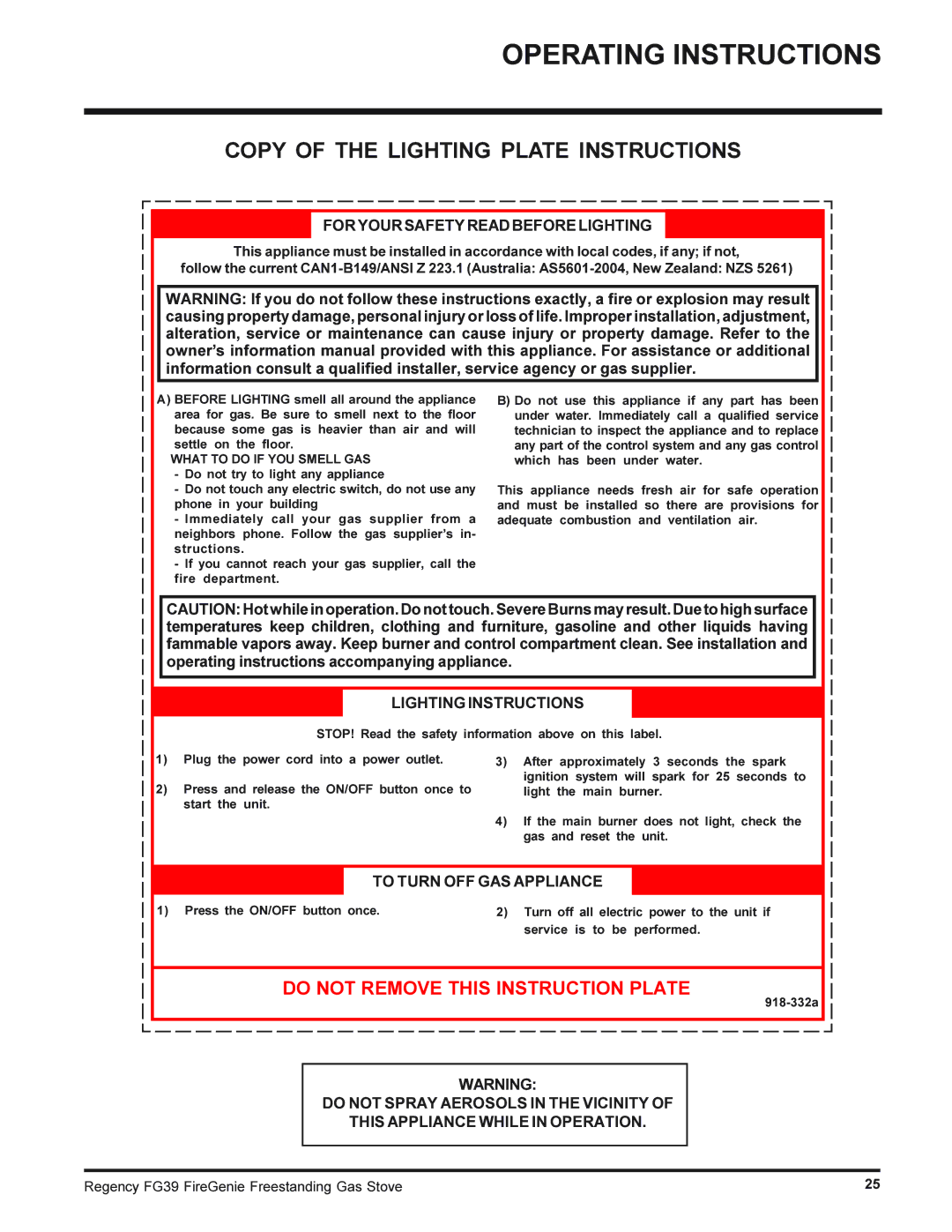 Regency FG39-NG, FG39-LPG installation manual Copy of the Lighting Plate Instructions, 918-332a 