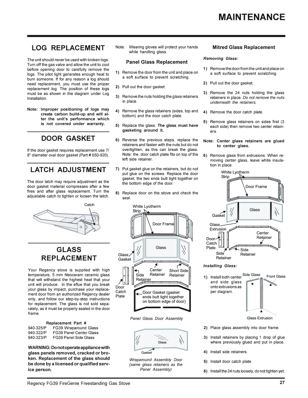 Regency FG39-NG, FG39-LPG installation manual LOG Replacement, Door Gasket, Latch Adjustment, Glass Replacement 