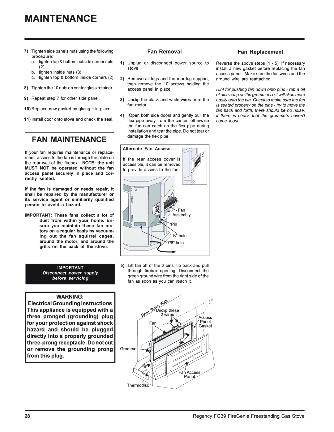 Regency FG39-LPG, FG39-NG installation manual FAN Maintenance, Fan Replacement, Alternate Fan Access 