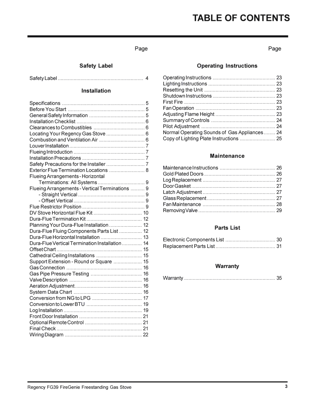 Regency FG39-NG, FG39-LPG installation manual Table of Contents 