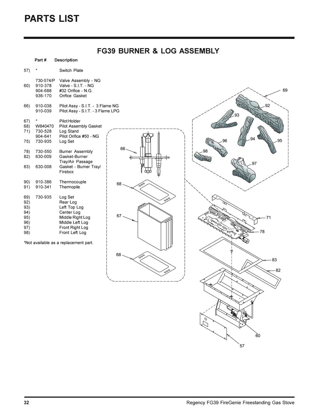 Regency FG39-LPG, FG39-NG installation manual FG39 Burner & LOG Assembly 