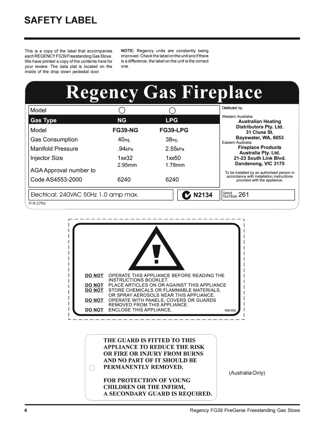 Regency FG39-LPG, FG39-NG installation manual Safety Label 