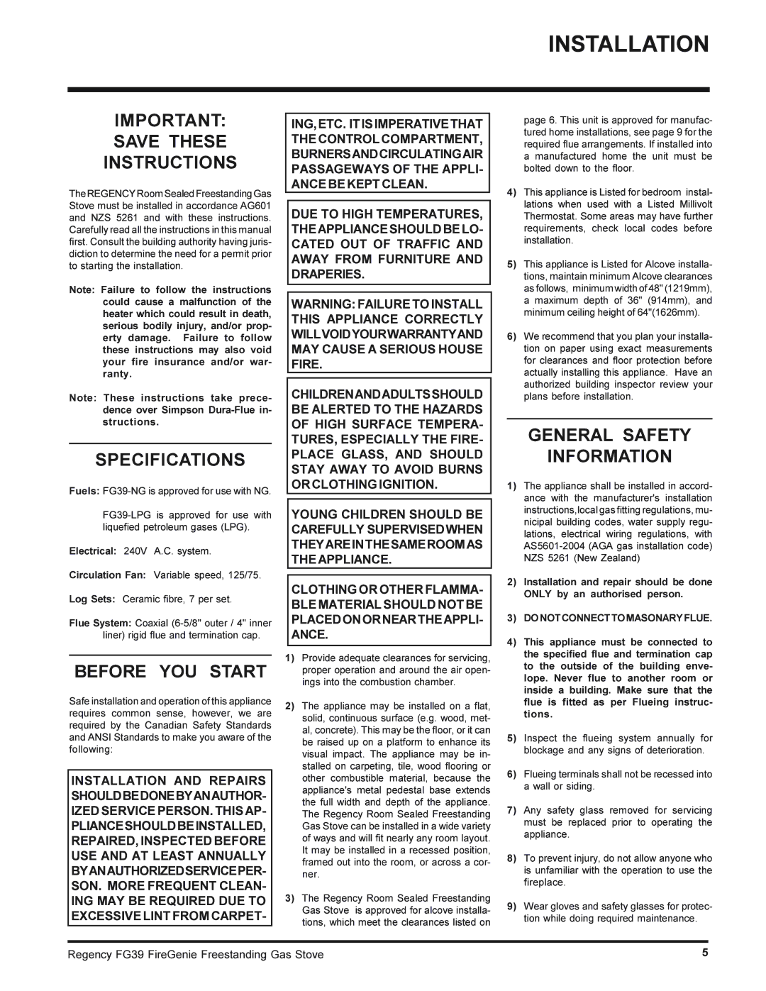 Regency FG39-NG Installation, Save These Instructions, Specifications, Before YOU Start, General Safety Information 