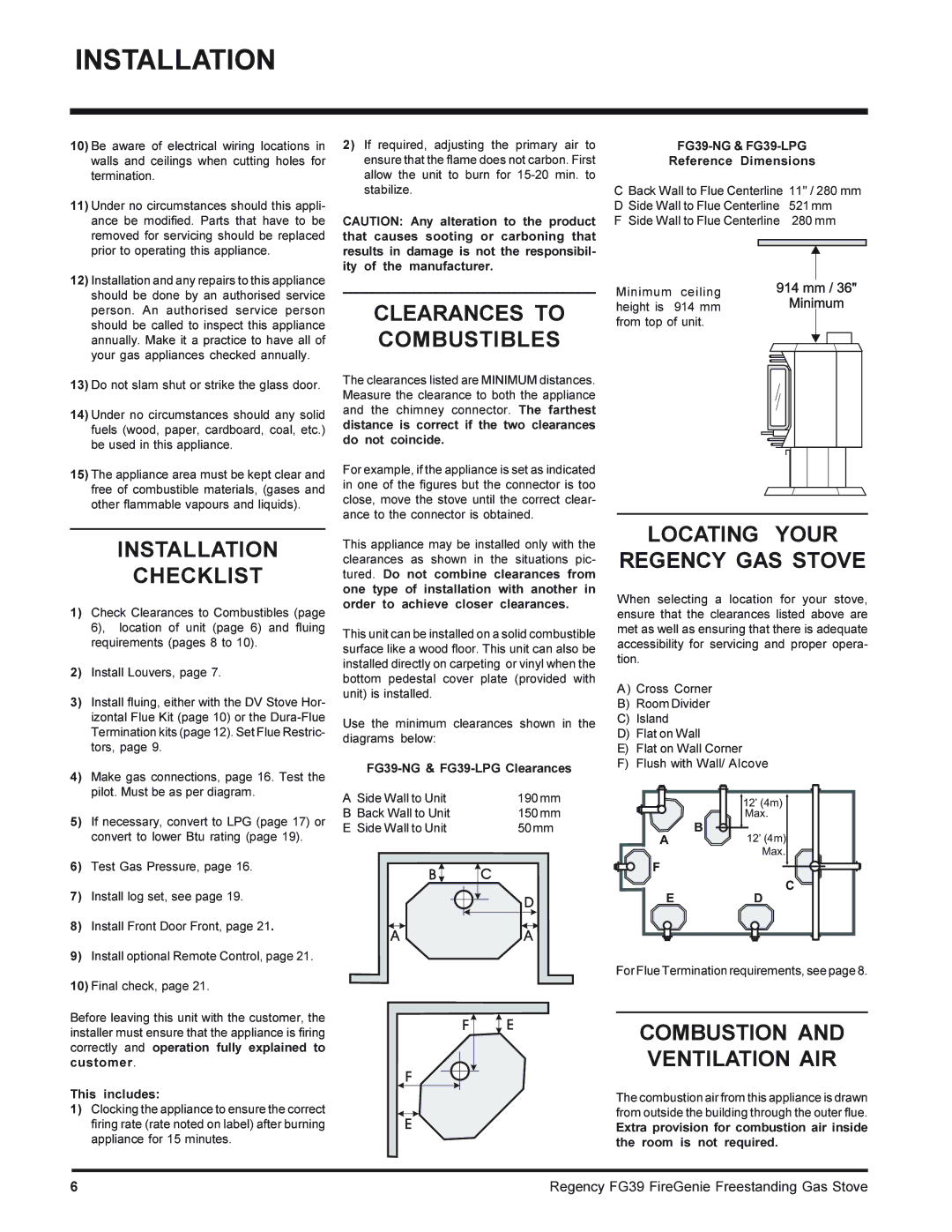 Regency FG39-LPG, FG39-NG Installation Checklist, Clearances to Combustibles, Locating Your Regency GAS Stove 