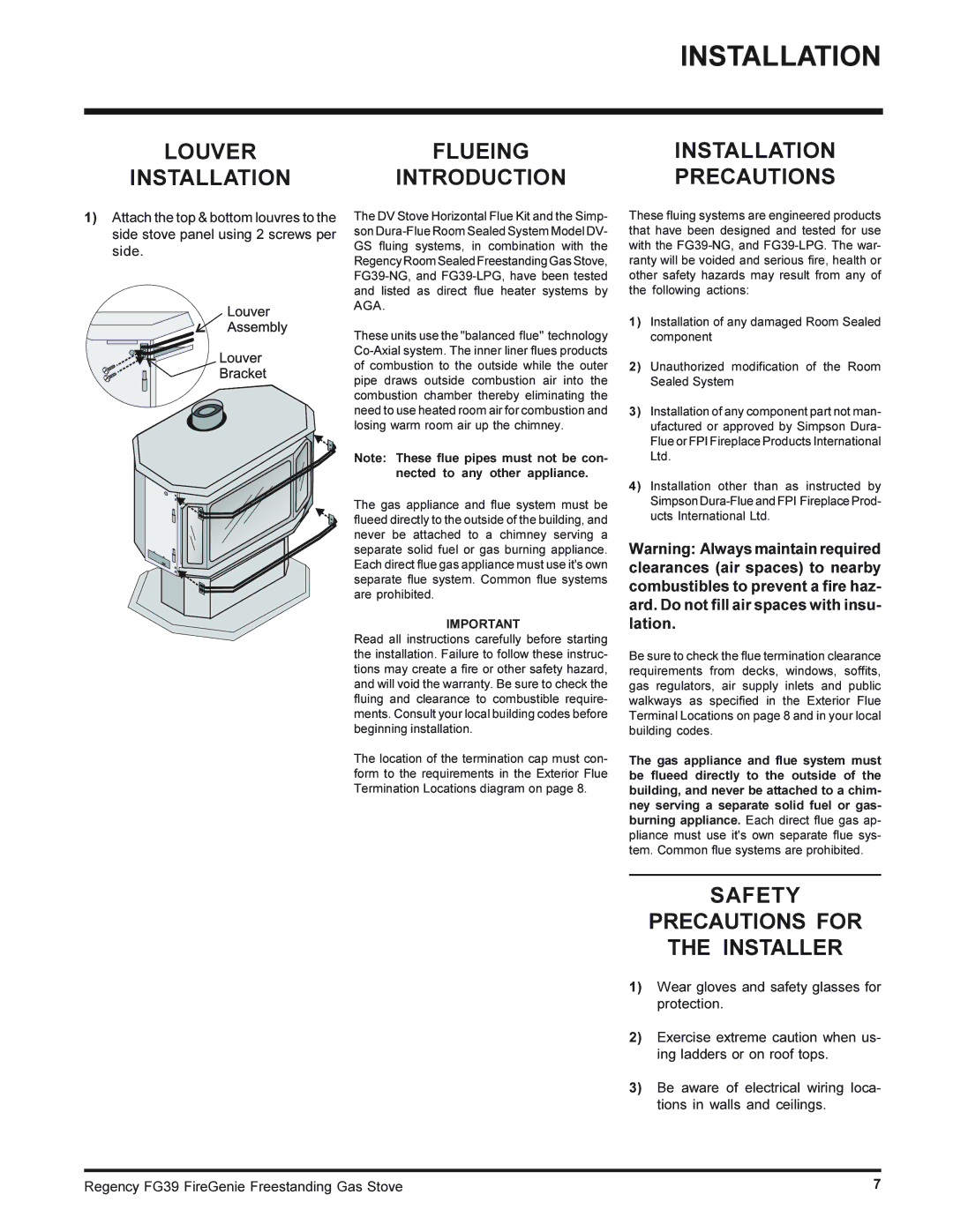 Regency FG39-NG Louver Installation, Flueing Introduction, Installation Precautions, Safety Precautions for Installer 