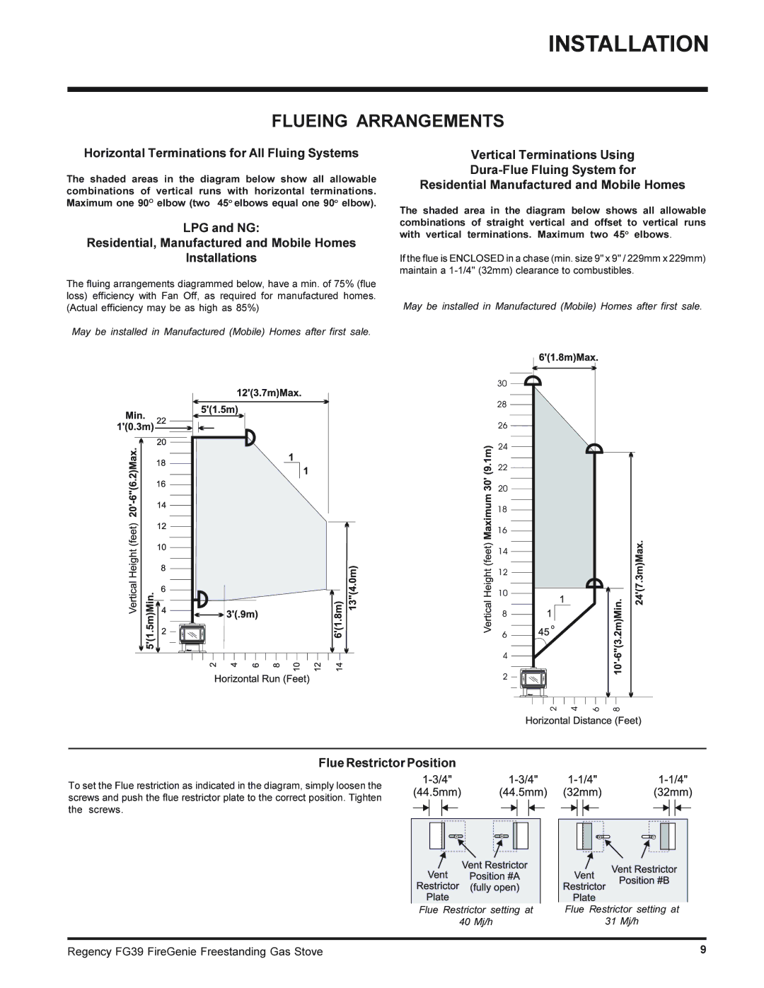 Regency FG39-NG, FG39-LPG Flueing Arrangements, Horizontal Terminations for All Fluing Systems, Flue Restrictor Position 