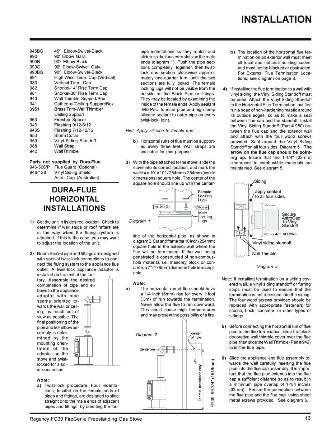 Regency FG39-NG, FG39-LPG installation manual Dura-Flue Horizontal Installations, Hint Apply silicone to female end, Diagram 