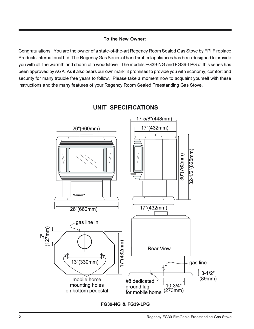 Regency installation manual Unit Specifications, To the New Owner, FG39-NG& FG39-LPG 