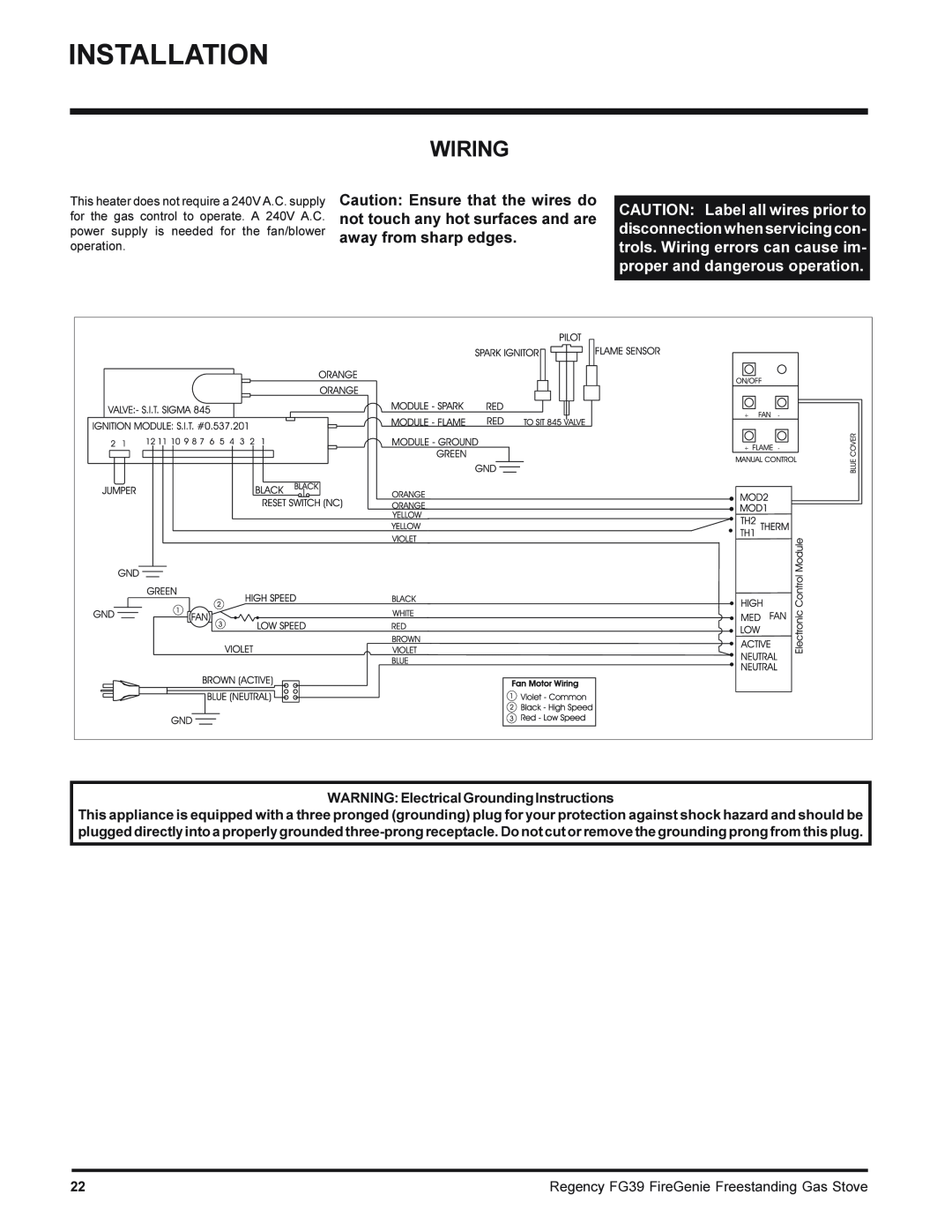 Regency FG39-LPG, FG39-NG installation manual Wiring, away from sharp edges, WARNING Electrical Grounding Instructions 