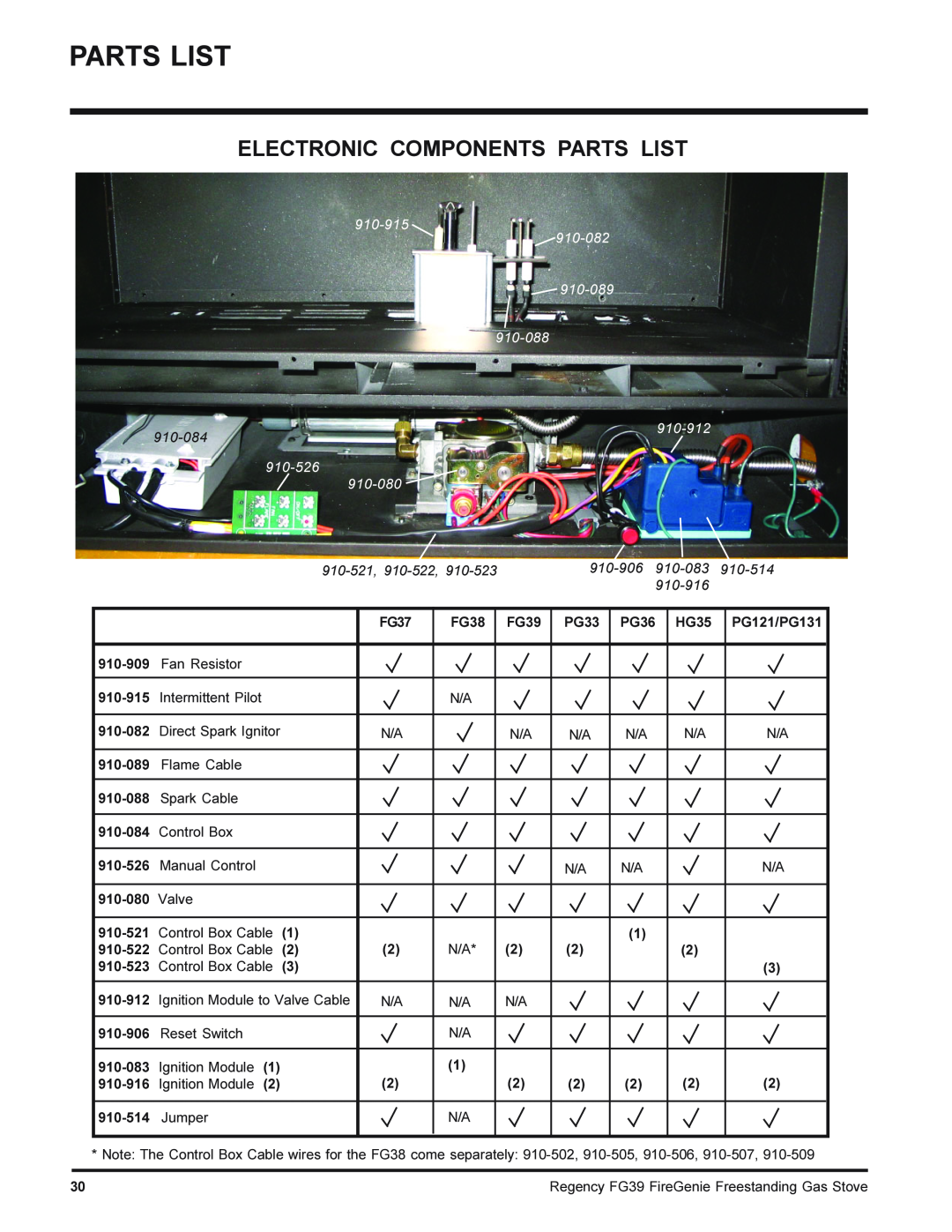 Regency FG39-LPG, FG39-NG installation manual Electronic Components Parts List, 910-915, 910-084, 910-912, 910-526, 910-080 