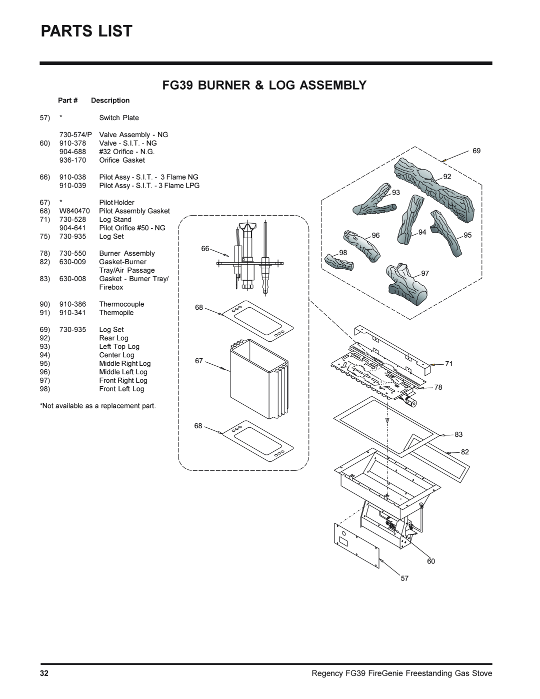 Regency FG39-LPG, FG39-NG installation manual FG39 BURNER & LOG ASSEMBLY, Regency FG39 FireGenie Freestanding Gas Stove 