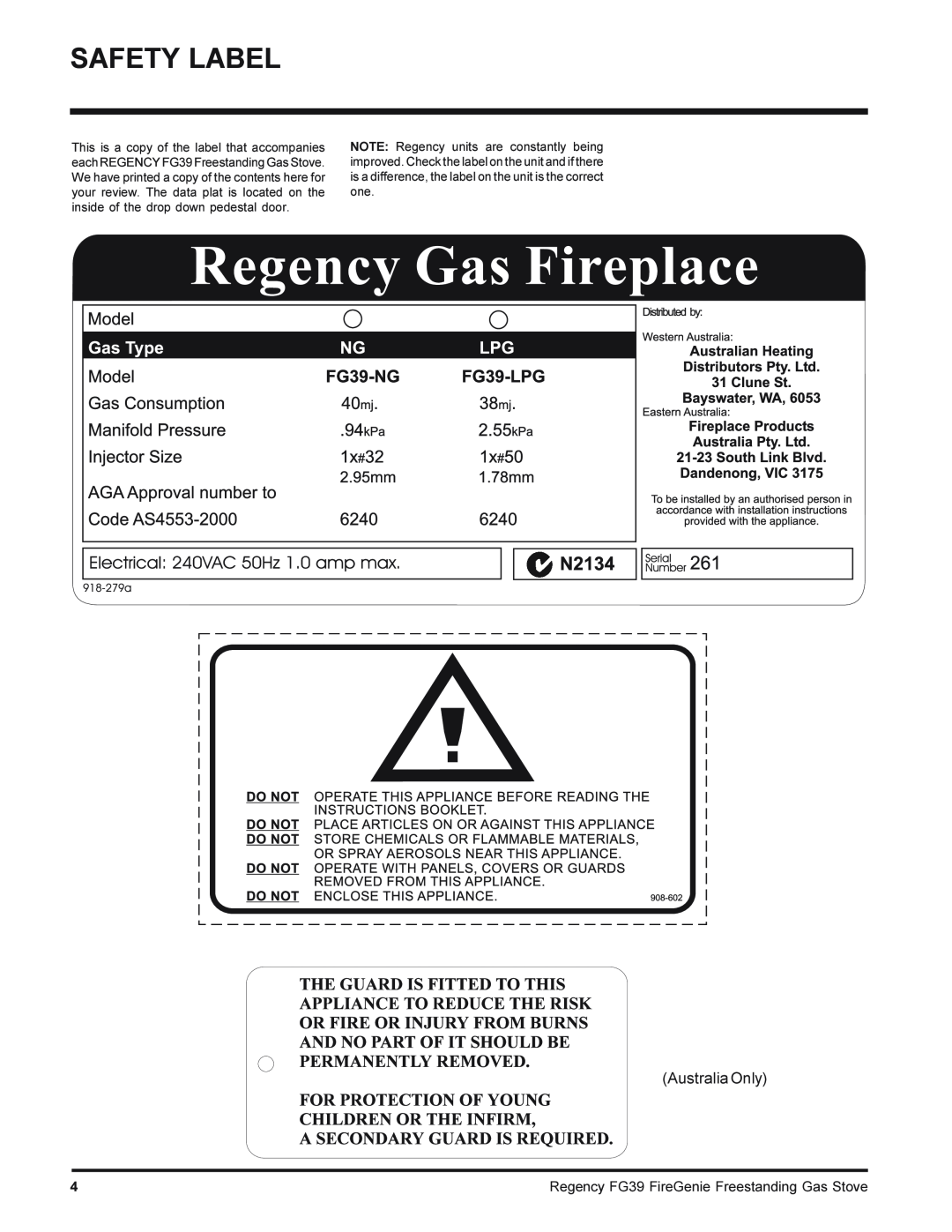 Regency FG39-LPG, FG39-NG installation manual Safety Label, Australia Only, Regency FG39 FireGenie Freestanding Gas Stove 