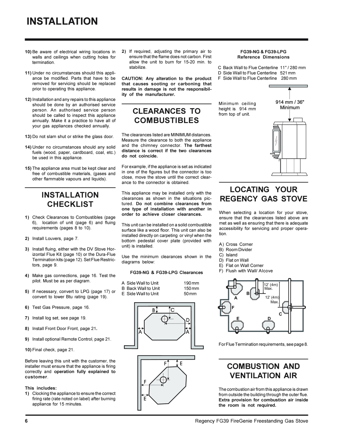 Regency FG39-LPG, FG39-NG Installation Checklist, Clearances To Combustibles, Locating Your Regency Gas Stove 