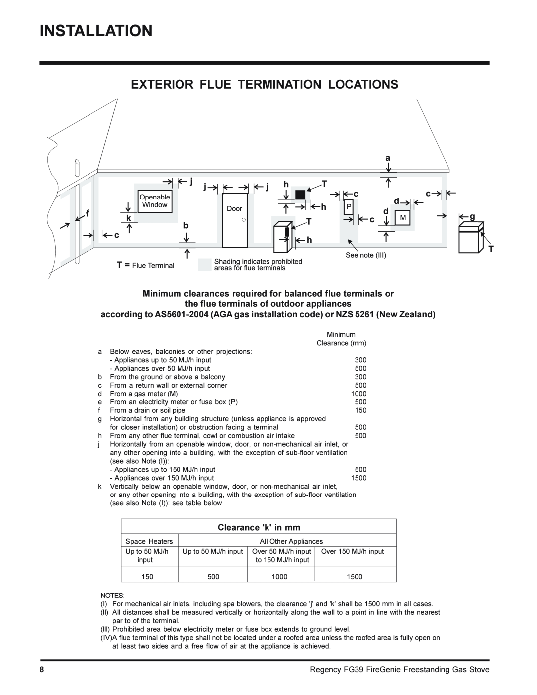 Regency FG39-LPG, FG39-NG Exterior Flue Termination Locations, the flue terminals of outdoor appliances, Clearance k in mm 