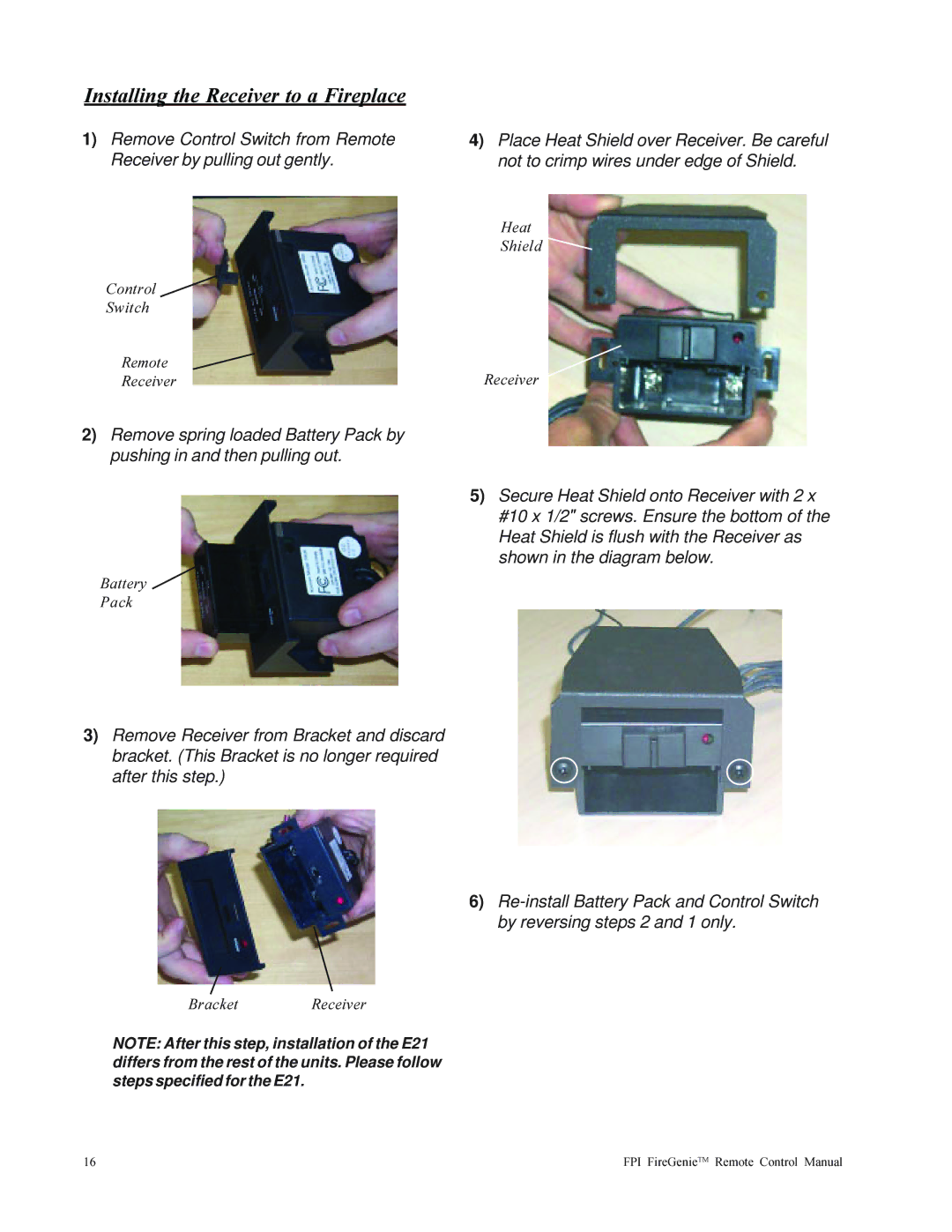 Regency FireGenie operating instructions Control Switch Remote 